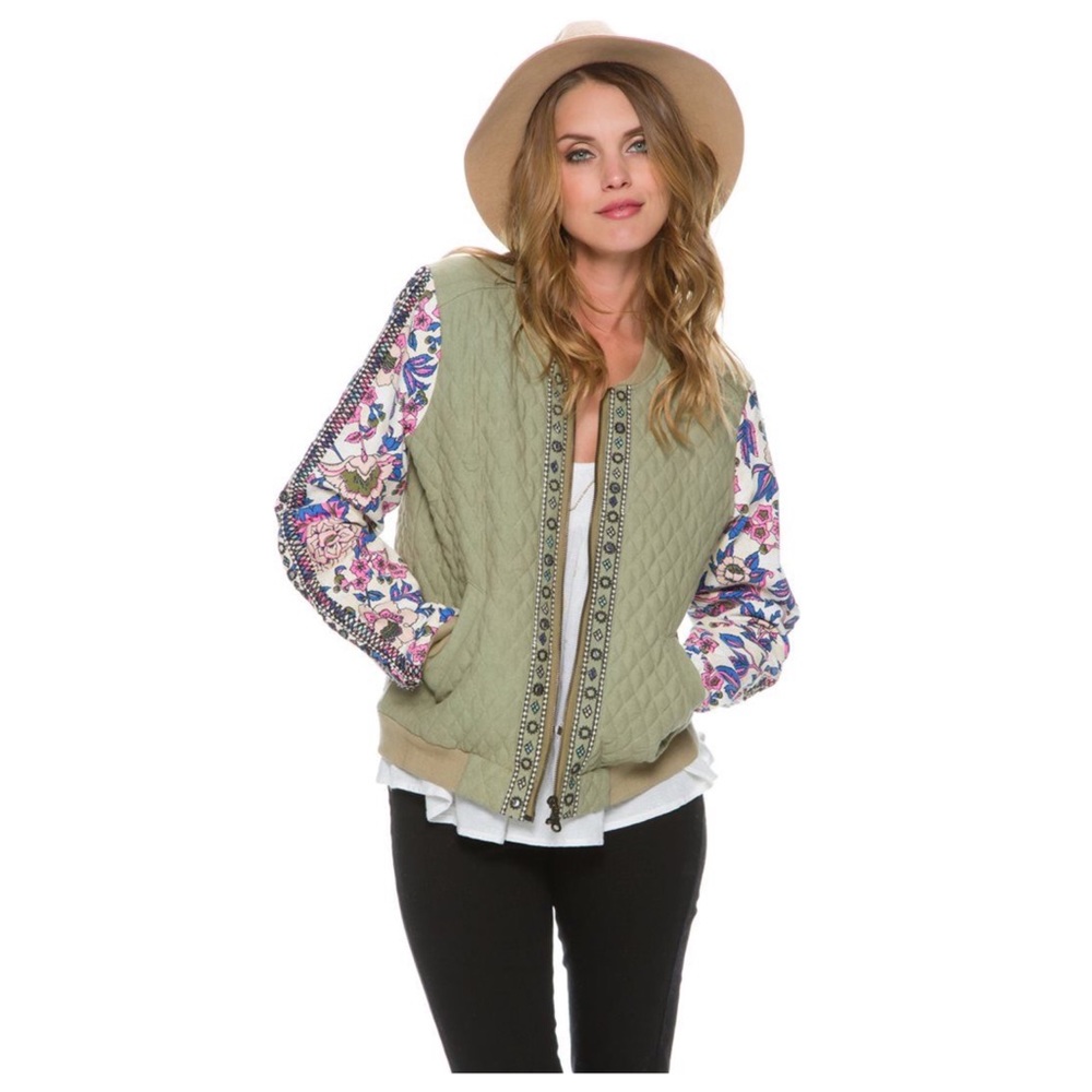 Billabong Quilted Green Jacket with Floral Sleeves